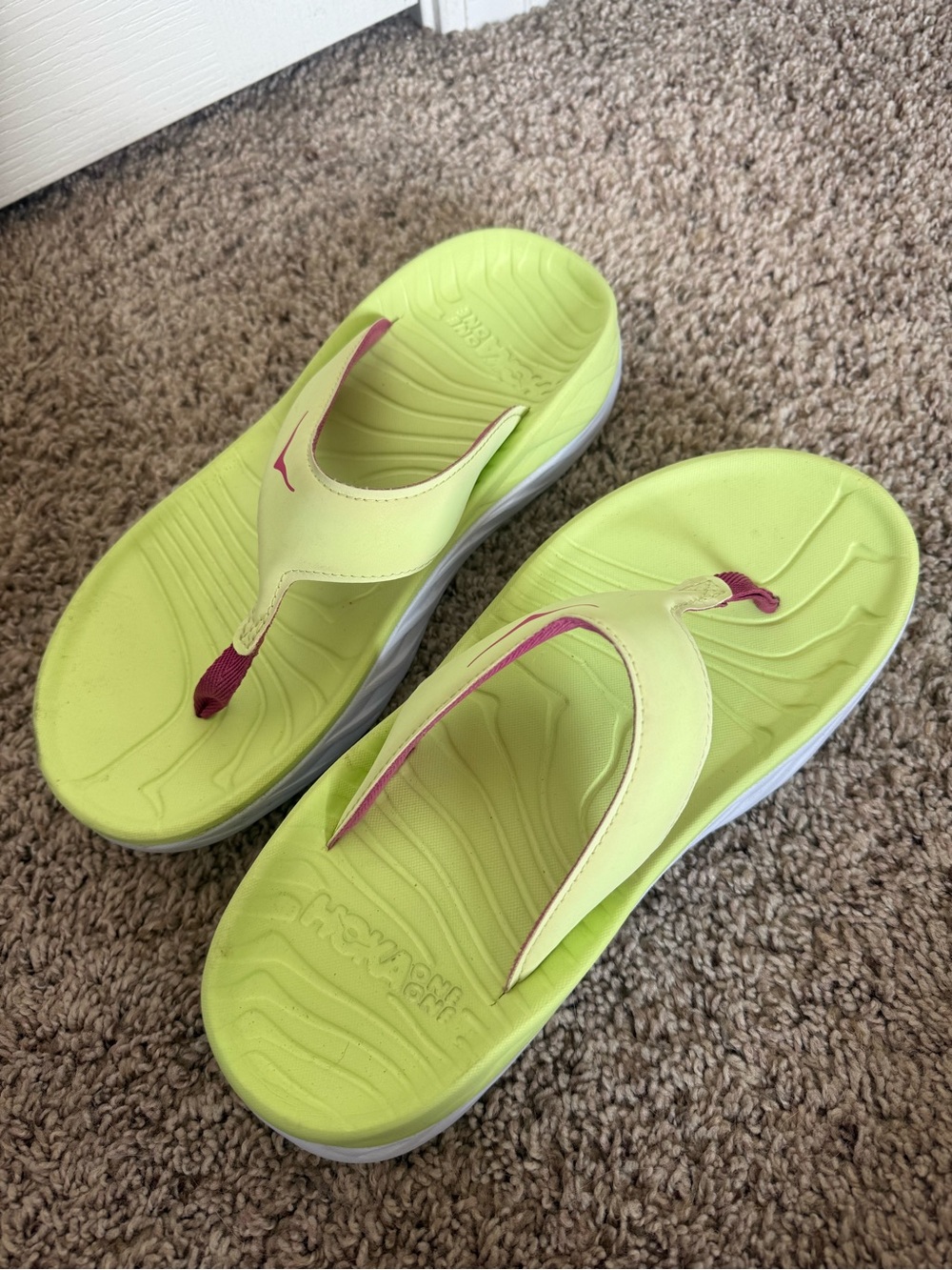 Women’s Hoka Lime Green Flip-Flop Sandals with Fuchsia Accents